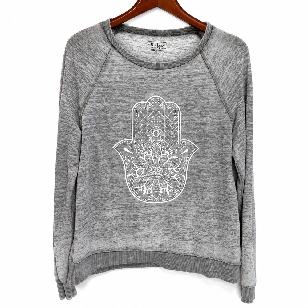 Miken Flow Womens Gray Hamsa Hand Graphic Sweatshirt Medium I4790FWDBM